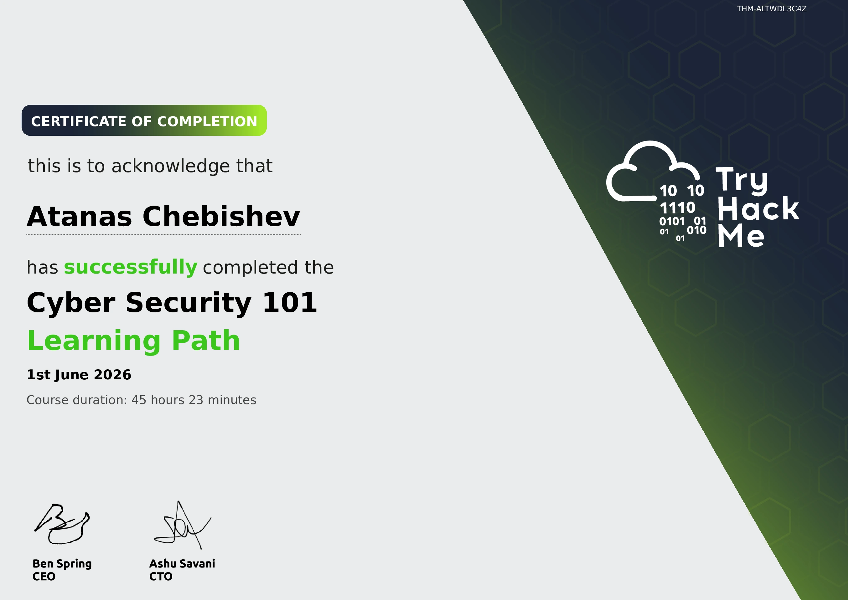 TryHackMe - Cyber Security 101 certificate